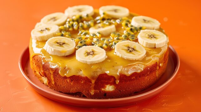 tropical banana and passionfruit cake with a passionfruit glaze on a vibrant orange background, refreshing and perfect for summery text