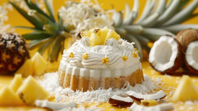 tropical coconut and pineapple cake with fresh coconut and pineapple slices on a bright yellow background, refreshing and perfect for summery parties