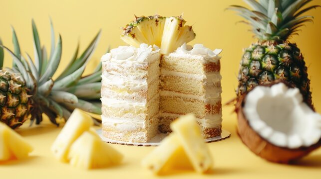 tropical coconut and pineapple cake with fresh pineapple on a bright yellow background, refreshing and perfect for summery text