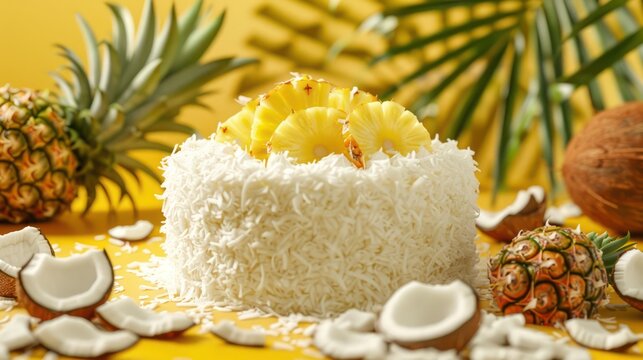 tropical coconut and pineapple cake with fresh coconut and pineapple slices on a bright yellow background, refreshing and perfect for summery parties