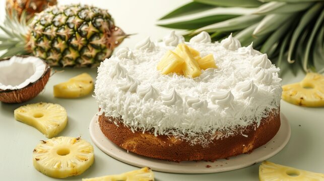 tropical coconut and pineapple cake with fresh pineapple slices on a light green background, refreshing and perfect for summery text
