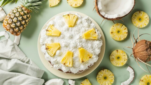 tropical coconut and pineapple cake with fresh pineapple slices on a light green background, refreshing and perfect for summery text