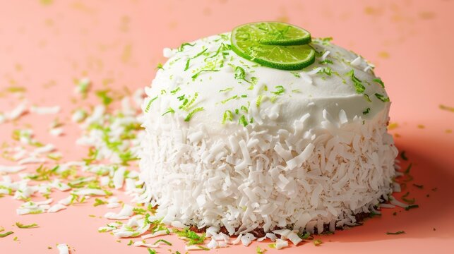 tropical coconut cake with lime zest on a vibrant coral background, perfect for bright, summery text