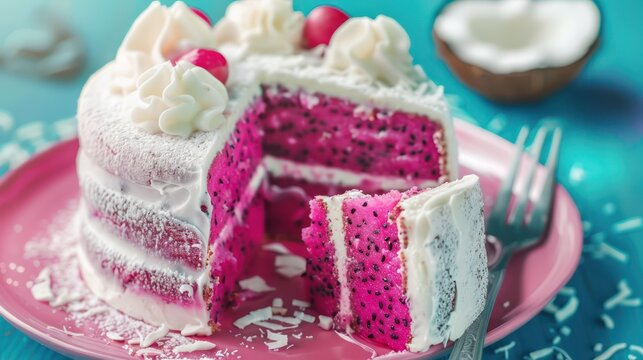 tropical dragon fruit and coconut cake with vibrant pink hues on a turquoise background, refreshing and inviting for lively text