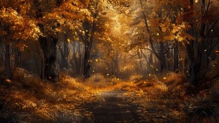 Wall Mural - Golden Autumn Forest Path.