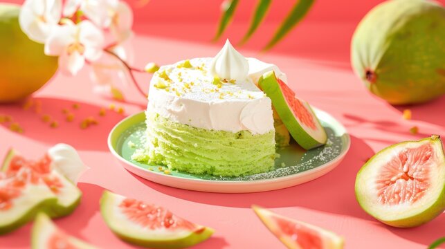 tropical guava and cream cake with guava slices on a bright coral background, vibrant and perfect for summery text