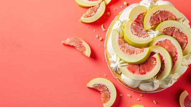 tropical guava and cream cake with guava slices on a bright coral background, vibrant and perfect for summery text