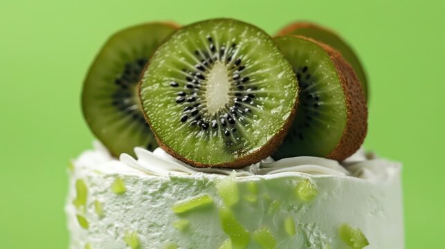 tropical kiwi and lime cake with vibrant green hues on a lime green background, fresh and lively for energetic text