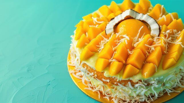 tropical mango and coconut cake on a bright aquamarine background, leaving space for vibrant text