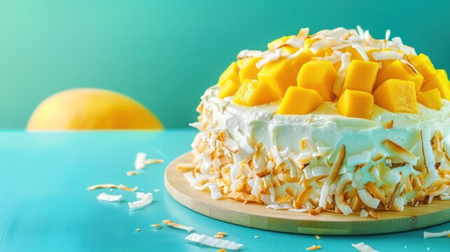 tropical mango and coconut cake on a bright aquamarine background, leaving space for vibrant text