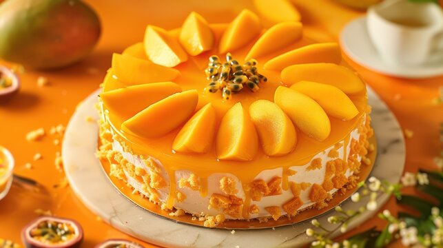 tropical mango and passionfruit cake with fresh mango slices on a vibrant orange background, refreshing and perfect for summery celebrations