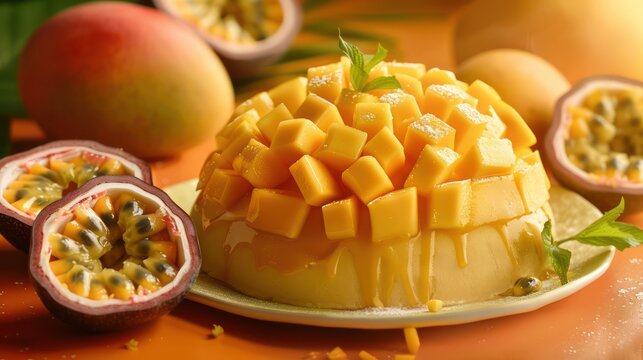 tropical mango and passionfruit cake with fresh mango slices on a vibrant orange background, refreshing and perfect for lively text