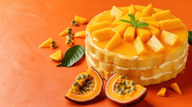 tropical mango and passionfruit cake with fresh mango slices on a vibrant orange background, refreshing and perfect for lively text