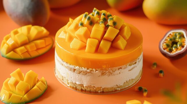 tropical mango and passionfruit cake with fresh mango slices on a vibrant orange background, refreshing and perfect for lively text