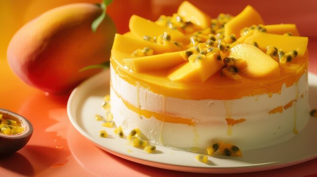 tropical mango and passionfruit cake with fresh mango slices on a vibrant orange background, refreshing and perfect for summery celebrations