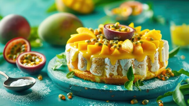 tropical passionfruit and mango cake on a bright teal background, vibrant and inviting for summery text