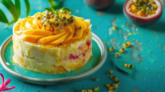 tropical passionfruit and mango cake on a bright teal background, vibrant and inviting for summery text