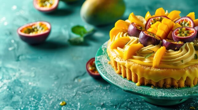tropical passionfruit and mango cake on a bright teal background, vibrant and inviting for summery text