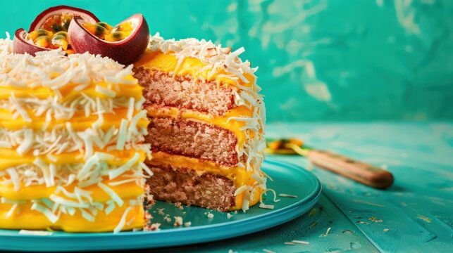 tropical passion fruit and coconut cake with bright yellow frosting on a vibrant turquoise background, vibrant and perfect for summery text
