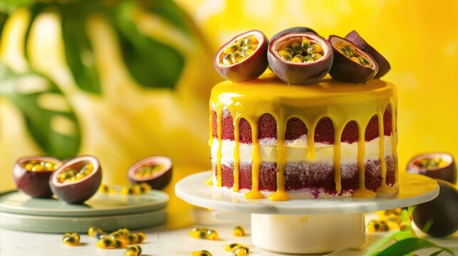 tropical passion fruit cake with a vibrant yellow background, sunny and cheerful for text