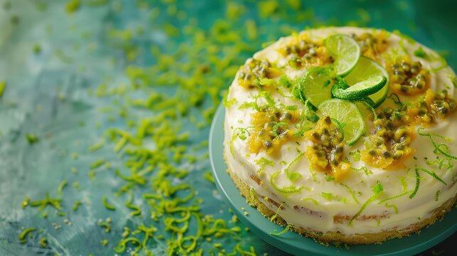 tropical passion fruit and lime cake with bright lime zest on a vibrant green background, refreshing and perfect for summery text