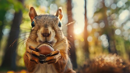 A happy squirrel holding an acorn, its eyes gleaming with joy and satisfaction.