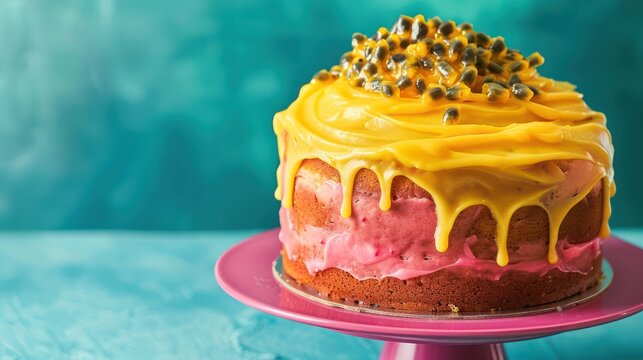 tropical passion fruit cake with bright yellow frosting, presented on a deep teal backdrop