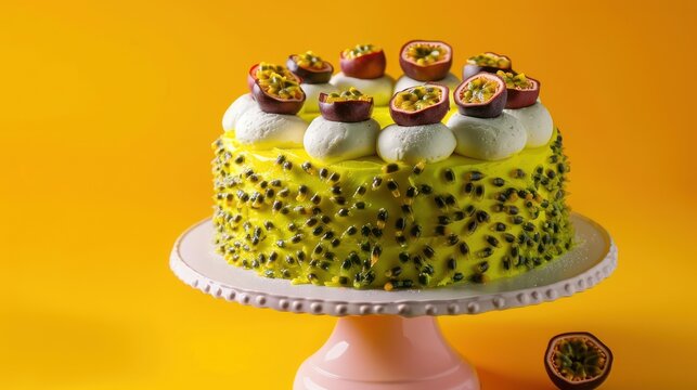 tropical passion fruit cake with a vibrant yellow background, sunny and cheerful for text