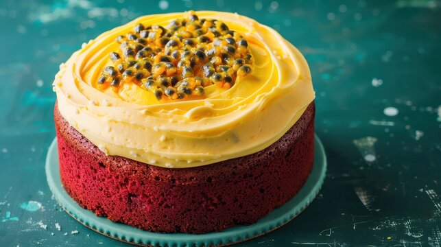 tropical passion fruit cake with bright yellow frosting, presented on a deep teal backdrop