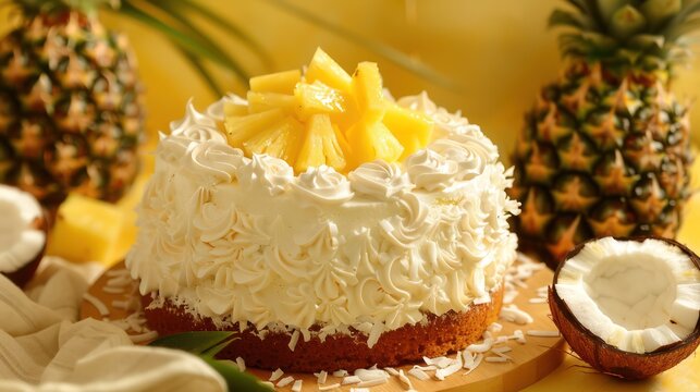 tropical pina colada cake with pineapple and coconut on a sunny yellow background, refreshing and ideal for beach-themed parties