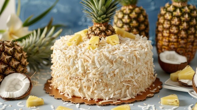 tropical pineapple and coconut cake with fresh pineapple and coconut flakes on a sky blue background, refreshing and perfect for beach-themed parties