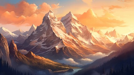 Mountain peaks bathed in the warm glow of sunset with clear skies