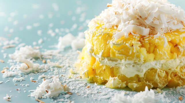 tropical pineapple and coconut cake with coconut shavings on a light blue background, refreshing and perfect for summery text