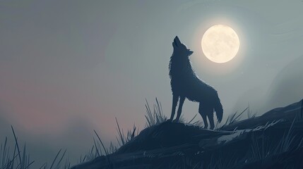 Sticker - A lonely wolf standing on a hilltop, howling at the moon with a sense of solitude.