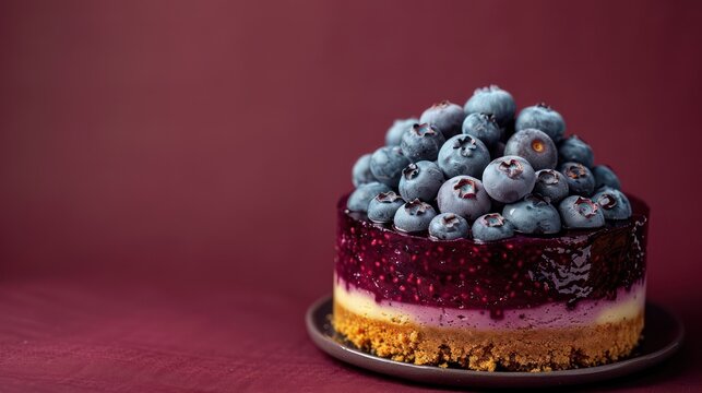 vibrant blueberry cheesecake on a rich burgundy background with space for text