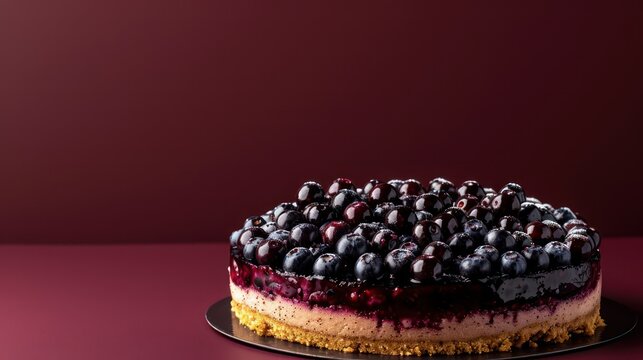 vibrant blueberry cheesecake on a rich burgundy background with space for text