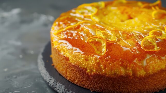 vibrant citrus polenta cake with a citrus glaze, isolated on a cool slate grey background