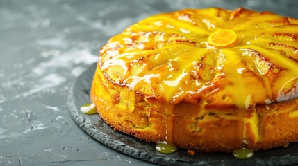 Aufkleber - vibrant citrus polenta cake with a citrus glaze, isolated on a cool slate grey background
