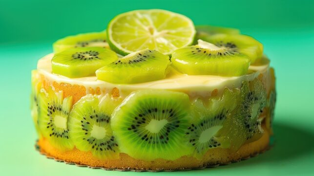 vibrant kiwi and lime cake on a neon green background, zesty and perfect for fresh text