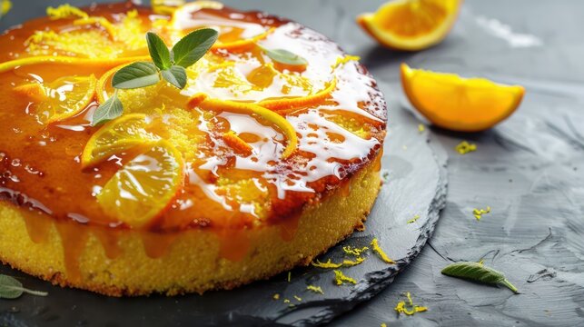 vibrant citrus polenta cake with a citrus glaze, isolated on a cool slate grey background