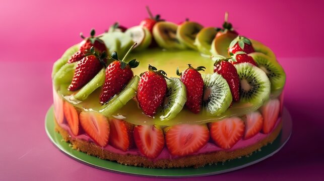 vibrant kiwi and strawberry cake with fresh slices on top, presented on a rich magenta background