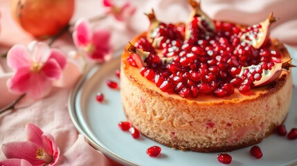 Aufkleber - vibrant pomegranate cake with seeds scattered on top, isolated on a soft peach background