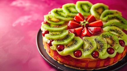 Aufkleber - vibrant kiwi and strawberry cake with fresh slices on top, presented on a rich magenta background