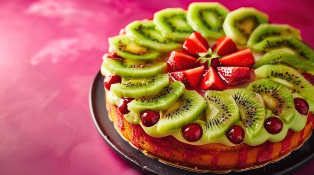 vibrant kiwi and strawberry cake with fresh slices on top, presented on a rich magenta background
