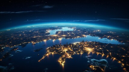 Poster - Night view of Earth with glowing cities seen from space in blackness