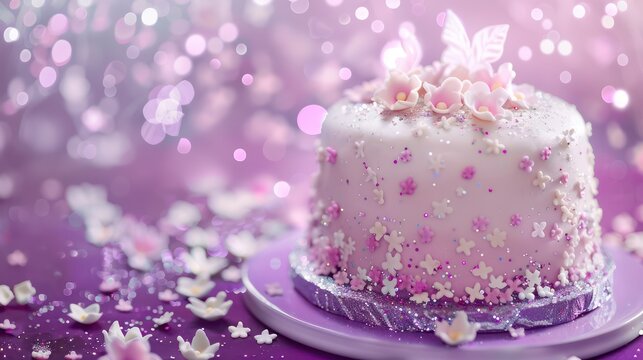 whimsical fairy cake with edible glitter and tiny sugar flowers on a bright violet background, magical and perfect for text