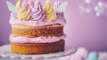 Aufkleber - whimsical fairy cake with pastel frosting and edible glitter on a soft lilac background, inviting for magical text