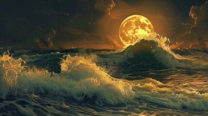 Golden Moon Over Ocean Waves.