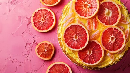 Aufkleber - zesty grapefruit cake with candied slices on a vibrant pink background, bright and cheerful for text