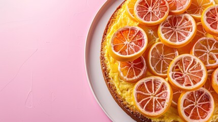 Aufkleber - zesty grapefruit cake with candied slices on a vibrant pink background, bright and cheerful for text
